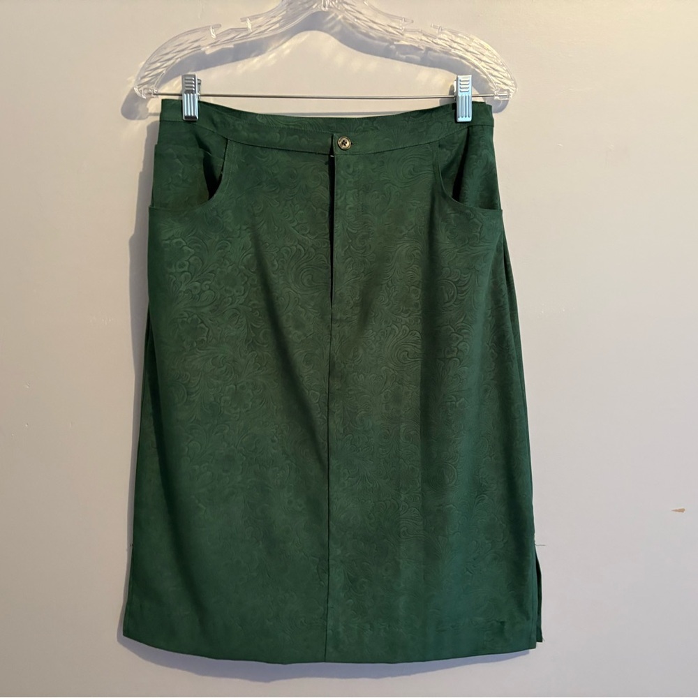 Denim & Co Vintage Green Knee Length Skirt Floral Monochrome Pattern Pockets 10